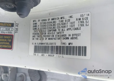 2014 Honda Cr-V Ex-L z USA, uszkodzony, nr VIN 5J6RM4H73EL058172